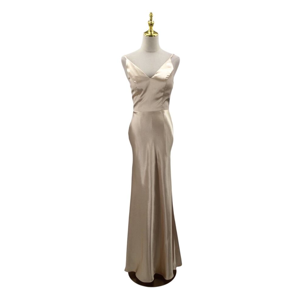 BRIDEMAID AW BRIDAL 2 XS Champagne cream formal mermaid satin maxi dress NEW B40